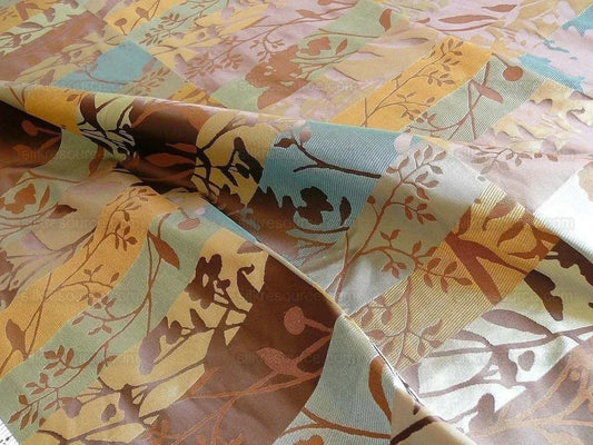 High End Art Nouveau 100% Silk Lampas Botanical Silhouette Rectangles "shale" Blue Brown Gold