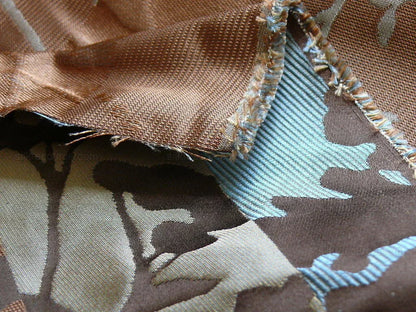 High End Art Nouveau 100% Silk Lampas Botanical Silhouette Rectangles "shale" Blue Brown Gold