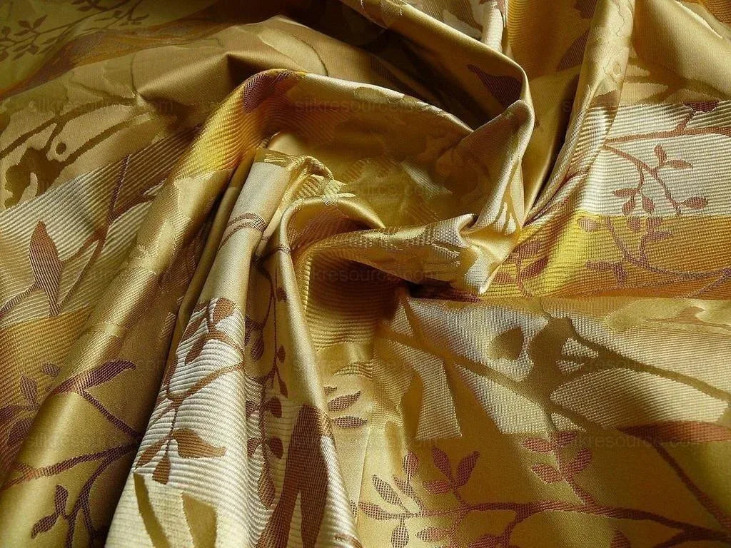 High End Art Nouveau  100% Silk Lampas Botanical Silhouette Rectangles "sunglow" Gold