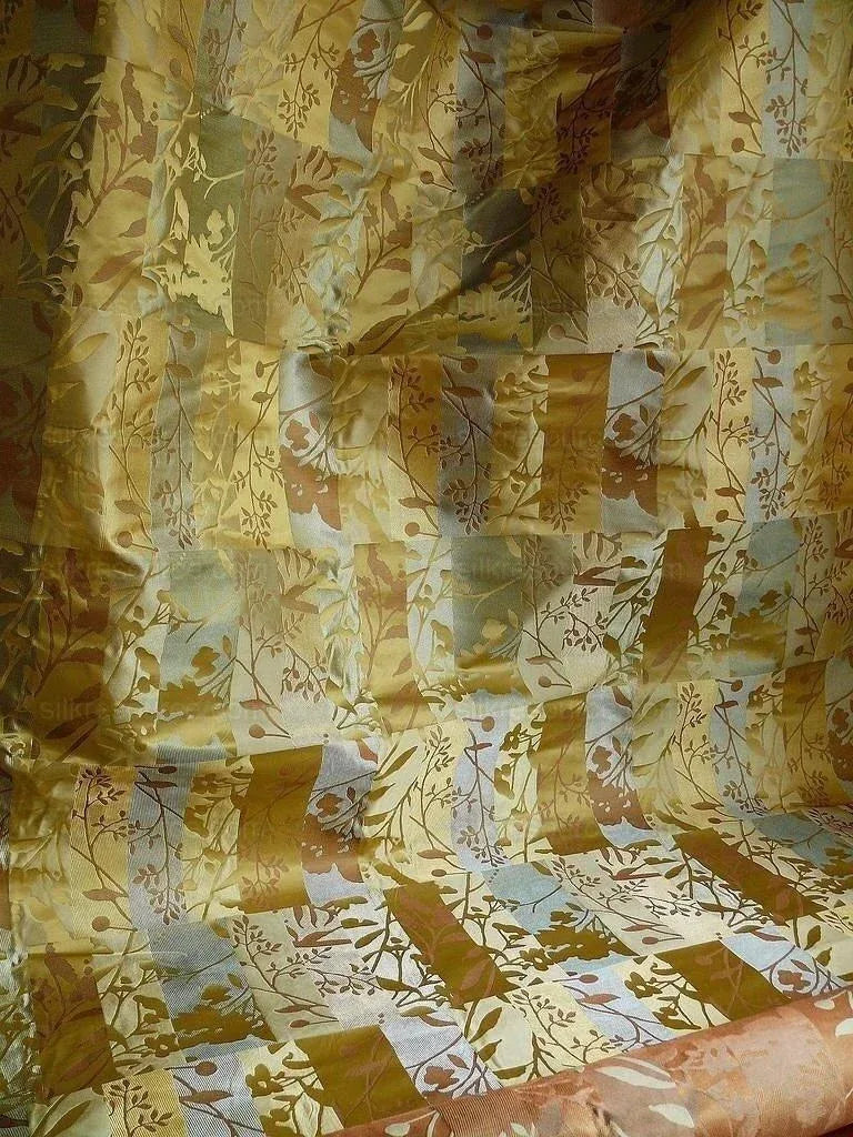 High End Art Nouveau  100% Silk Lampas Botanical Silhouette Rectangles "celadon" Blue
