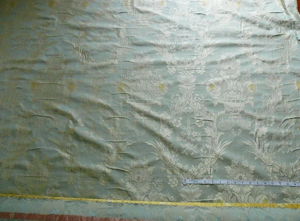 by yard HiEnd 100% silk Damask Lisere Renaissance Rose Urn "aspen" Blue