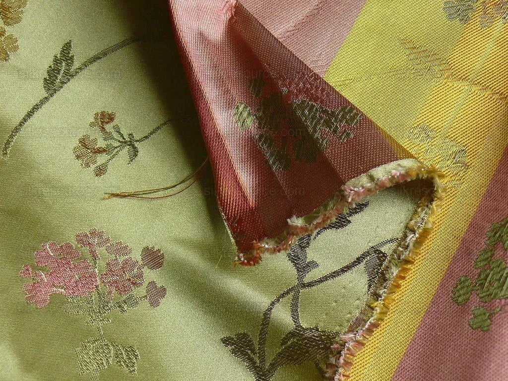 by yard 100% Silk Lampas Sage Blossom Sprig "stem" Green Pink Gold