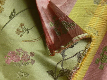 by yard 100% Silk Lampas Sage Blossom Sprig "stem" Green Pink Gold