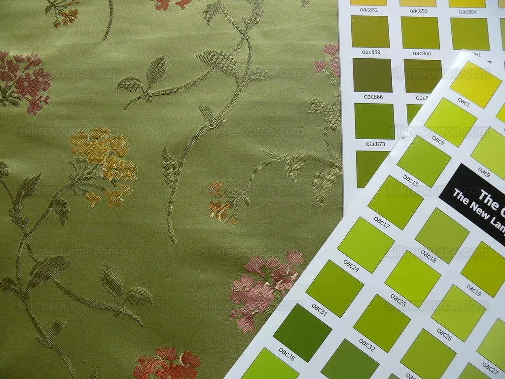 by yard 100% Silk Lampas Sage Blossom Sprig "stem" Green Pink Gold