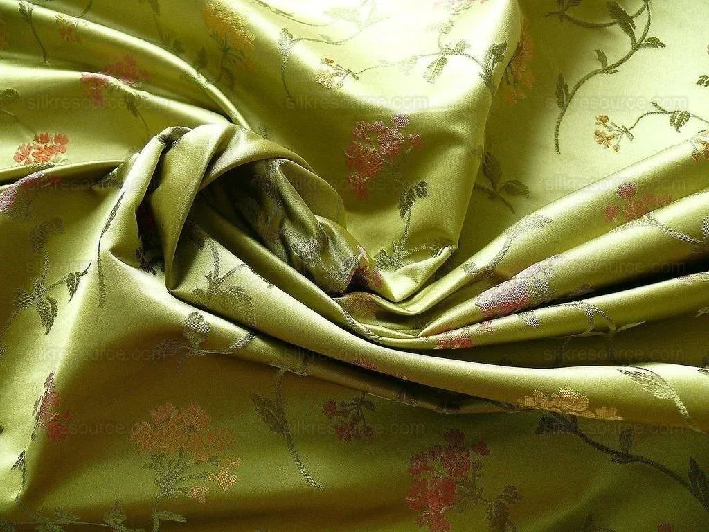 by yard 100% Silk Lampas Sage Blossom Sprig "stem" Green Pink Gold