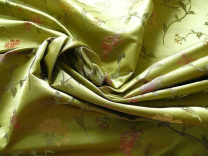 by yard 100% Silk Lampas Sage Blossom Sprig "stem" Green Pink Gold
