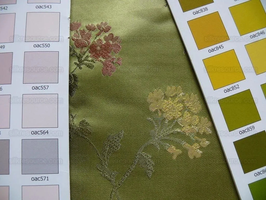 by yard 100% Silk Lampas Sage Blossom Sprig "stem" Green Pink Gold