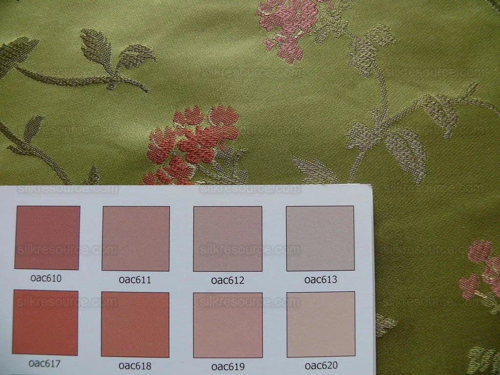 by yard 100% Silk Lampas Sage Blossom Sprig "stem" Green Pink Gold