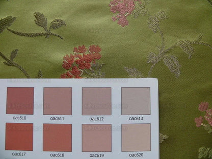 by yard 100% Silk Lampas Sage Blossom Sprig "stem" Green Pink Gold