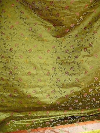 by yard 100% Silk Lampas Sage Blossom Sprig "stem" Green Pink Gold