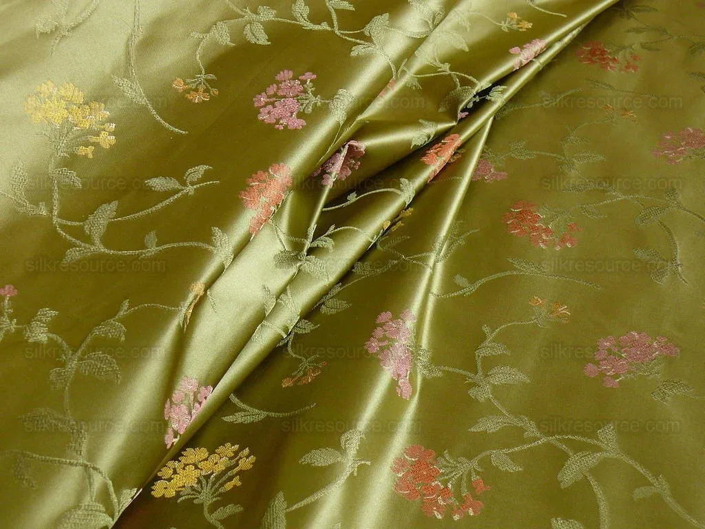 by yard 100% Silk Lampas Sage Blossom Sprig "stem" Green Pink Gold