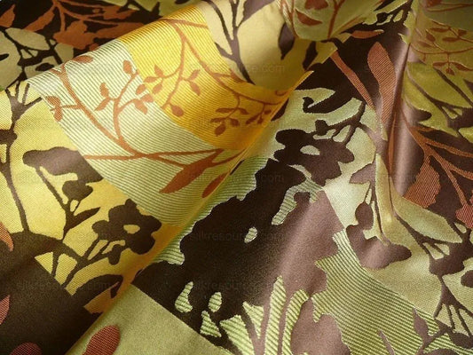High End Art Nouveau  100% Silk Lampas Botanical Silhouette Rectangles "olive" Brown Green Gold