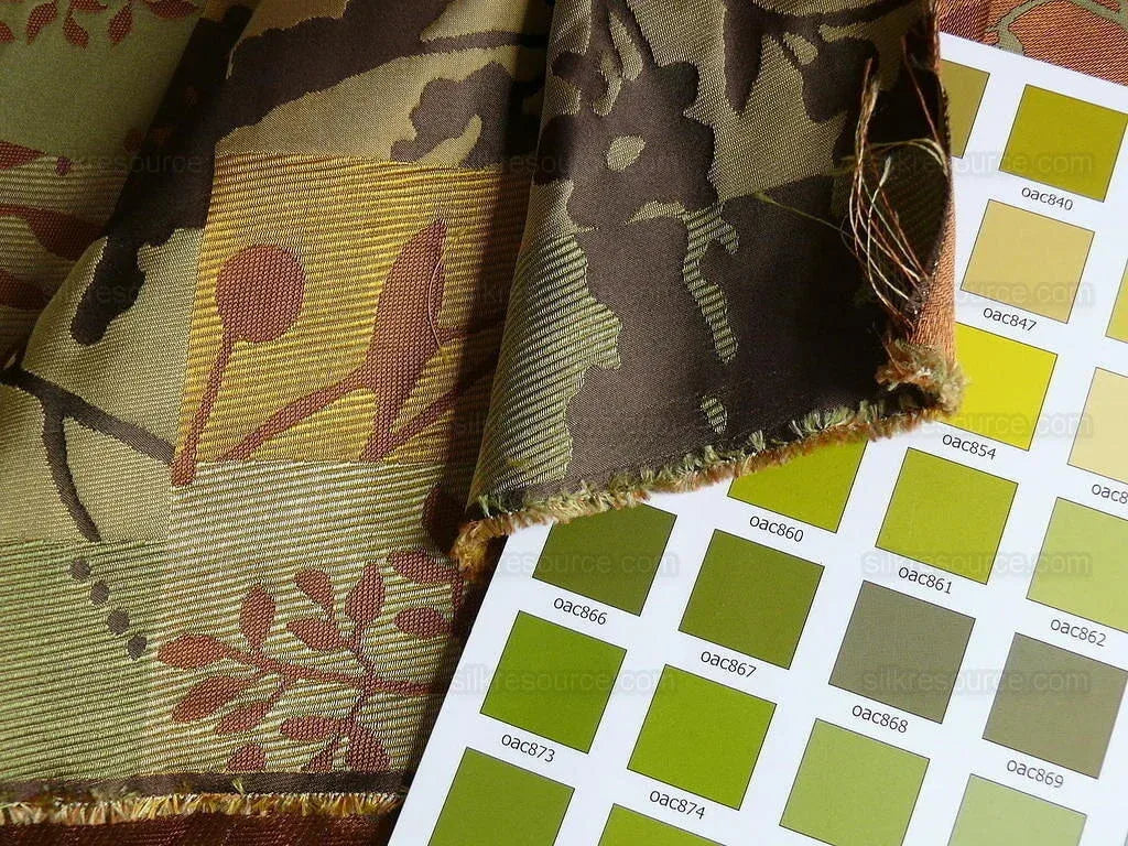 High End Art Nouveau  100% Silk Lampas Botanical Silhouette Rectangles "olive" Brown Green Gold