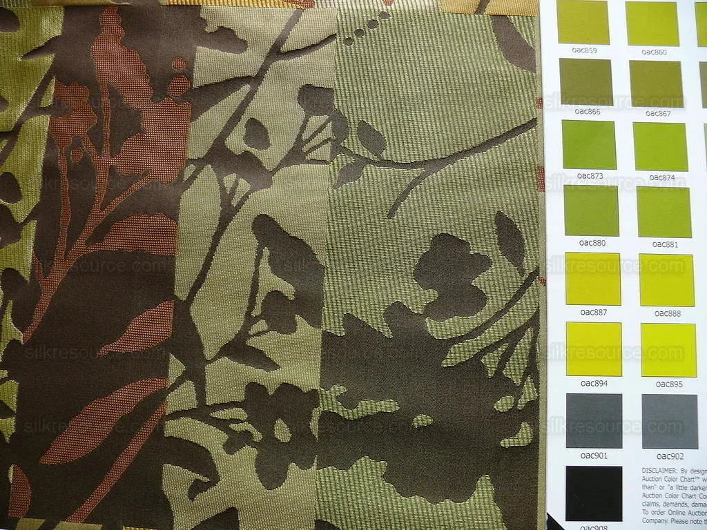 High End Art Nouveau  100% Silk Lampas Botanical Silhouette Rectangles "olive" Brown Green Gold