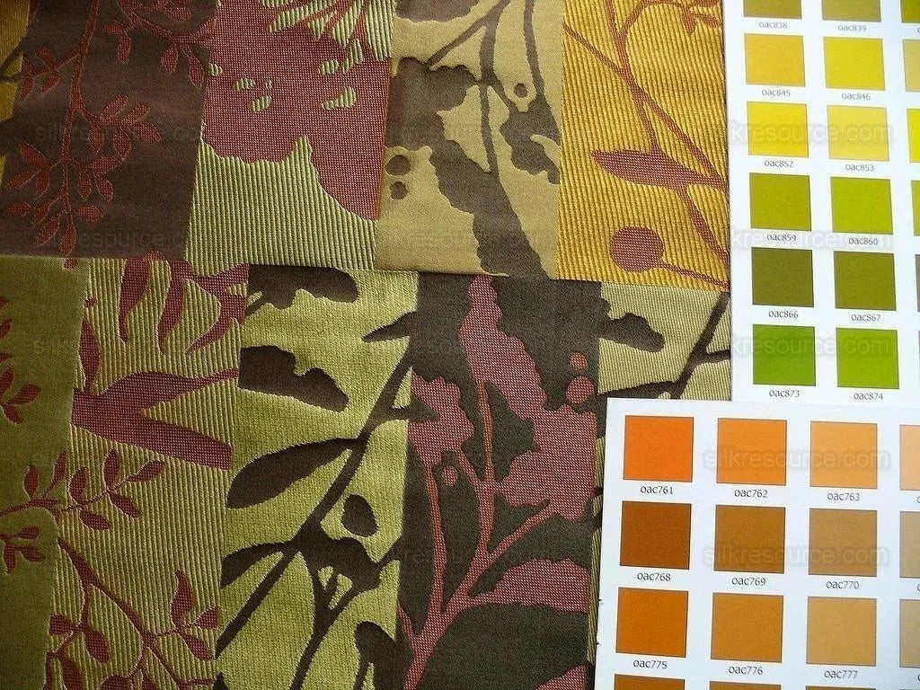 High End Art Nouveau  100% Silk Lampas Botanical Silhouette Rectangles "olive" Brown Green Gold