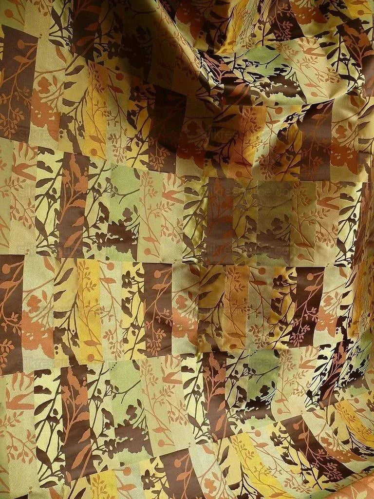 High End Art Nouveau  100% Silk Lampas Botanical Silhouette Rectangles "olive" Brown Green Gold