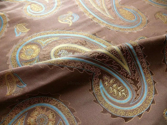 BY Yard Stunning 100% Silk Lampas Jacquard Fire Flame Edged Paisley "sumatra" Brown Gold Blue