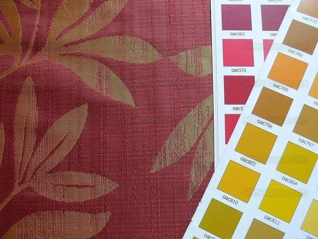 By yard 100% Silk Lampas Bali Breeze "garnet" Red Tropical Reversible