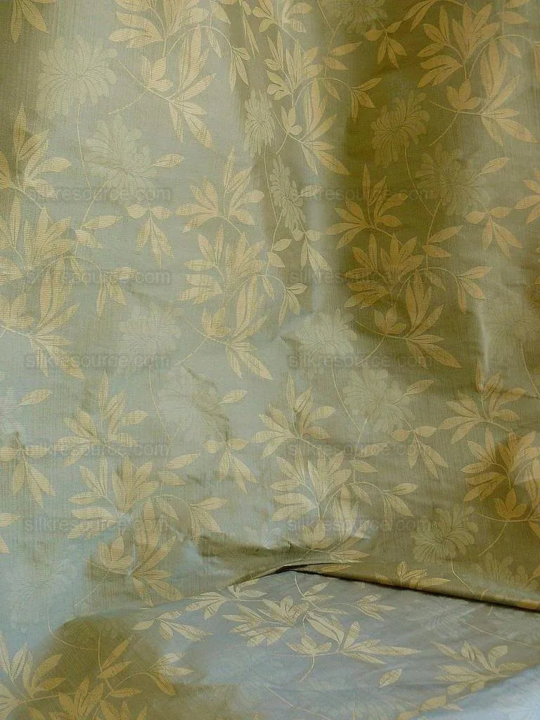 By yard 100% Silk Lampas Bali Breeze "linen" Blue Silver Beige Khaki Tropical Reversible