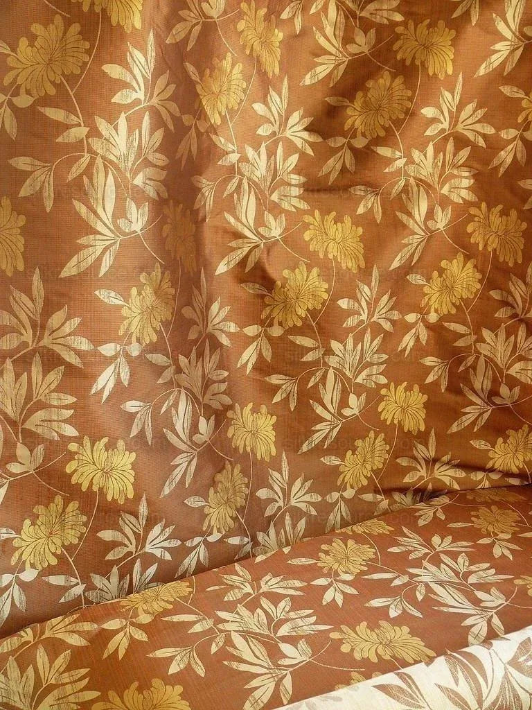 By yard 100% Silk Lampas Bali Breeze "copper" Brown Tropical Reversible