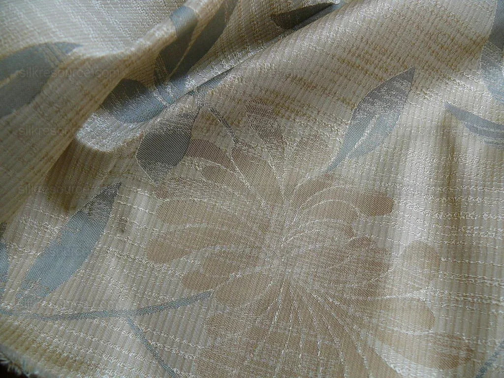 By yard 100% Silk Lampas Bali Breeze "linen" Blue Silver Beige Khaki Tropical Reversible