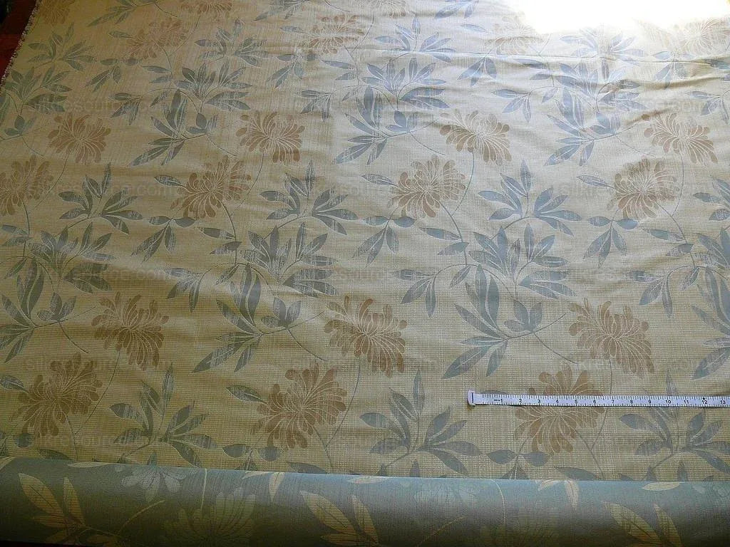 By yard 100% Silk Lampas Bali Breeze "linen" Blue Silver Beige Khaki Tropical Reversible