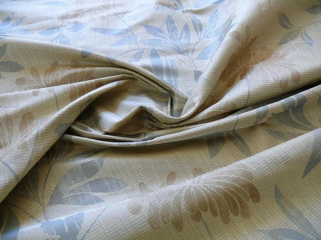 By yard 100% Silk Lampas Bali Breeze "linen" Blue Silver Beige Khaki Tropical Reversible