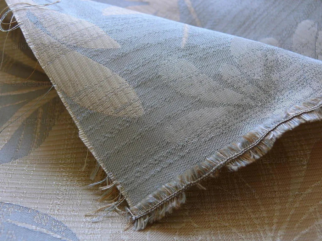 By yard 100% Silk Lampas Bali Breeze "linen" Blue Silver Beige Khaki Tropical Reversible