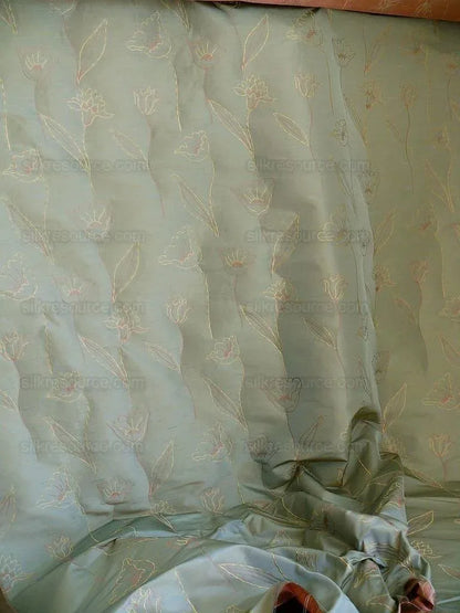 100% Silk Lampas Tulip "blue" Mod Picasso Modern Abstract Flora Thick MSRP USD 300+/Y