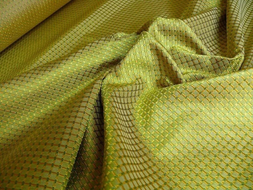 by yard 100% Silk Jacquard Dashed Square Texture "peridot" Green Plaid