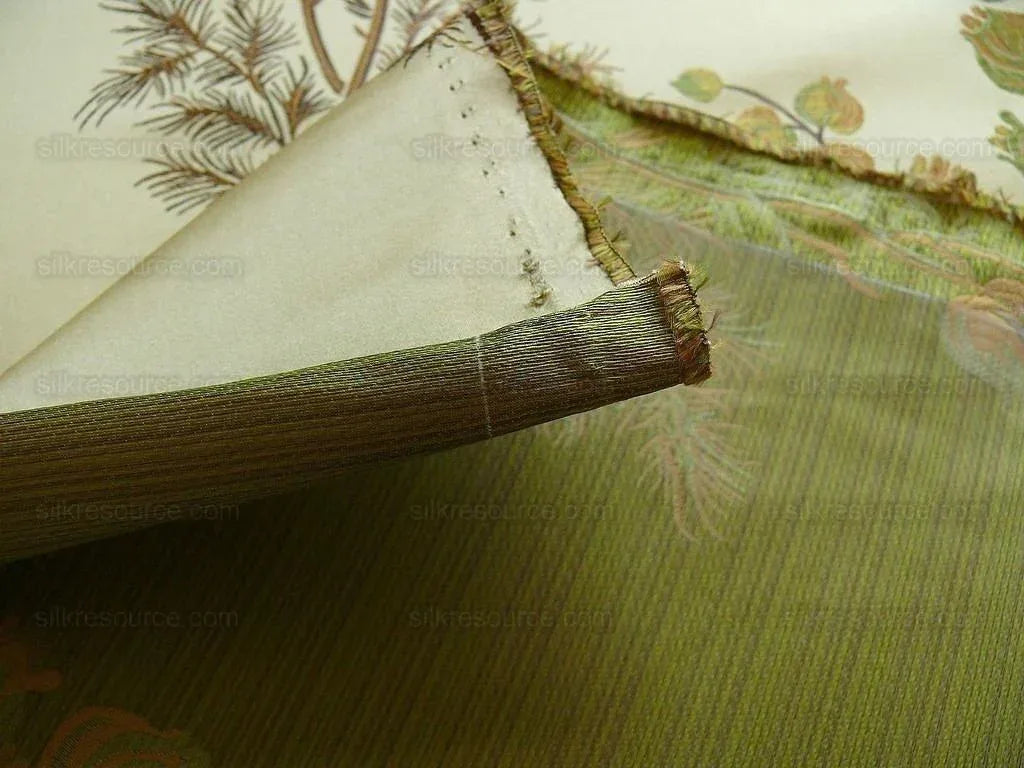 Schumacher 100% Silk Lampas Bell Flower "pine" Green Gold