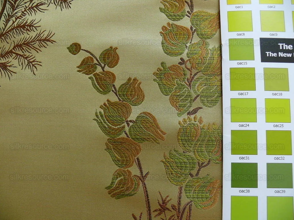 Schumacher 100% Silk Lampas Bell Flower "pine" Green Gold