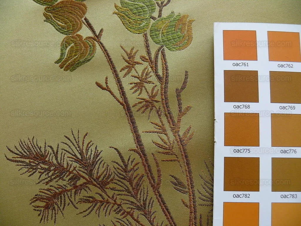 Schumacher 100% Silk Lampas Bell Flower "pine" Green Gold