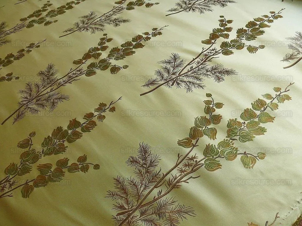 Schumacher 100% Silk Lampas Bell Flower "pine" Green Gold