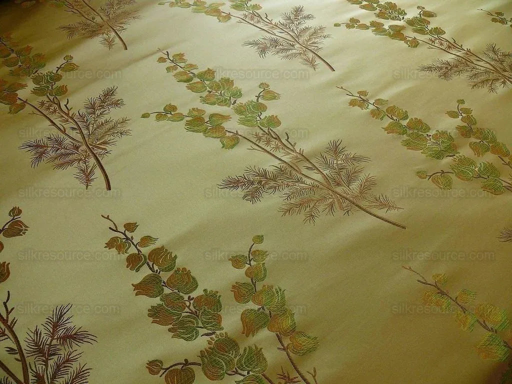 Schumacher 100% Silk Lampas Bell Flower "pine" Green Gold