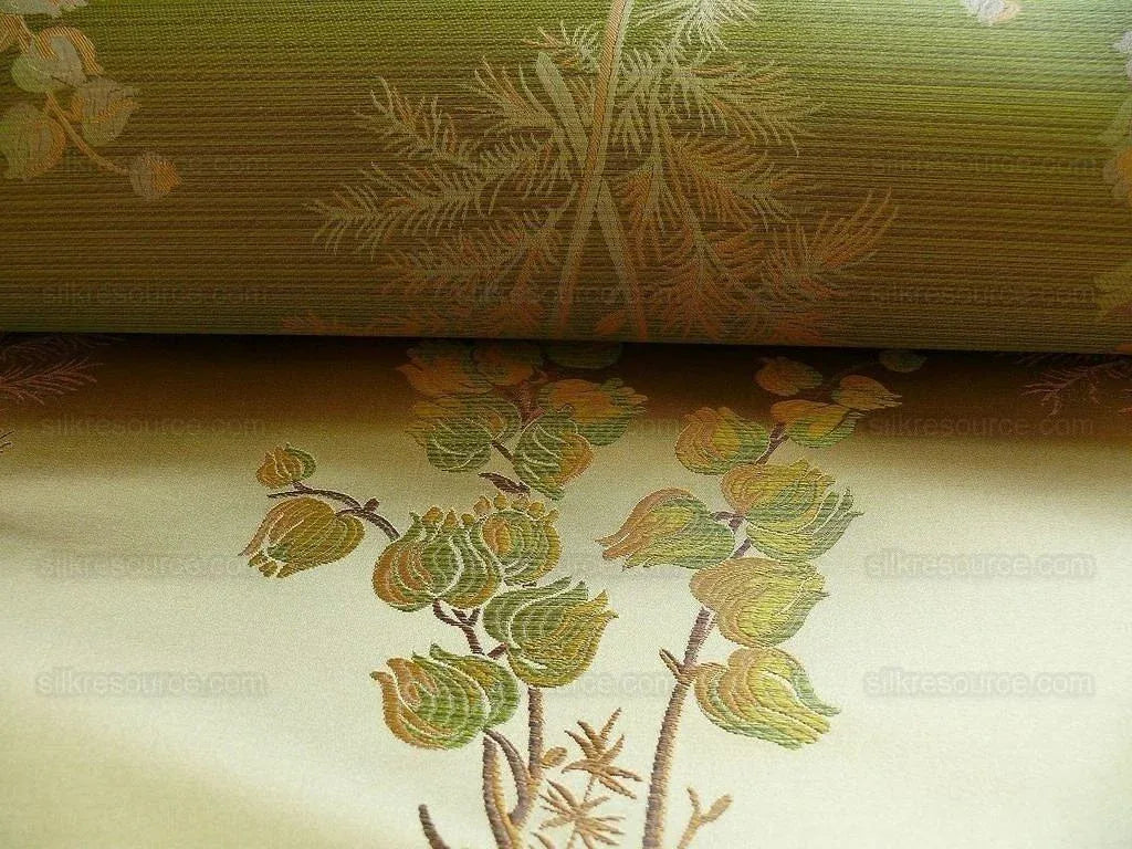 Schumacher 100% Silk Lampas Bell Flower "pine" Green Gold