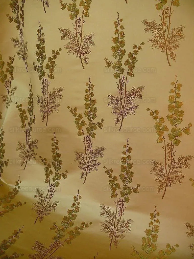Schumacher 100% Silk Lampas Bell Flower "pine" Green Gold