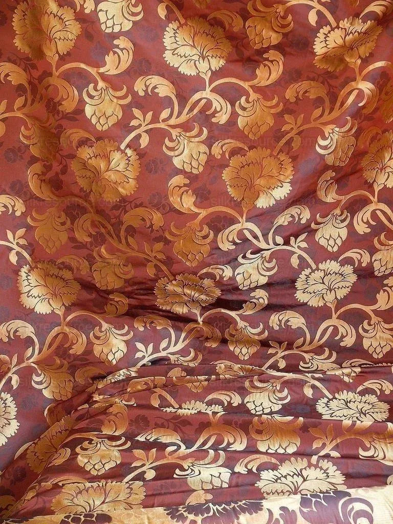 100% Silk Lampas Carnation Crewel "shiraz" Maroon