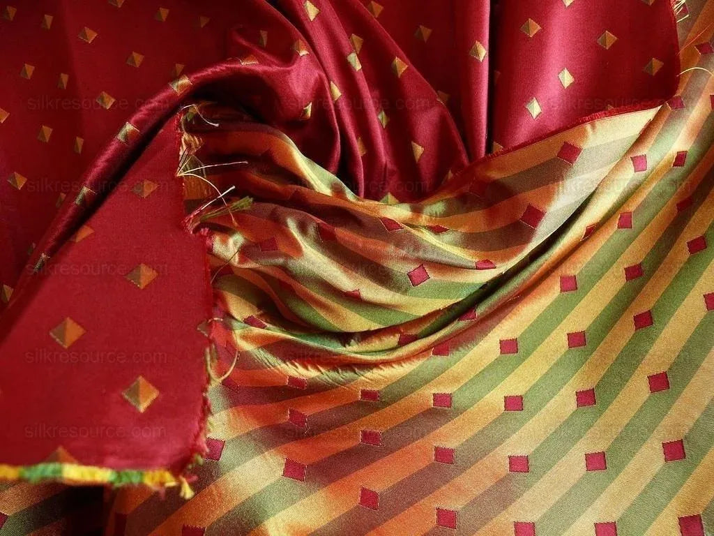 100% Silk Lampas Diamond Dot "mulberry" Magenta Red Yellow Green  Stripe Reversible