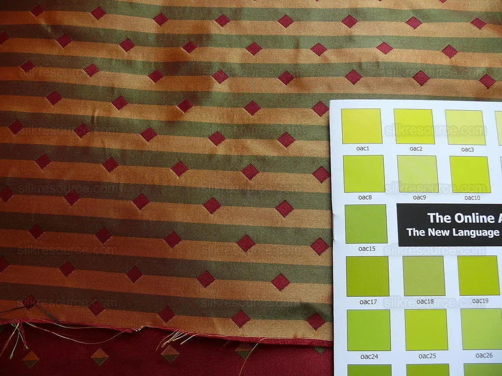 100% Silk Lampas Diamond Dot "mulberry" Magenta Red Yellow Green  Stripe Reversible