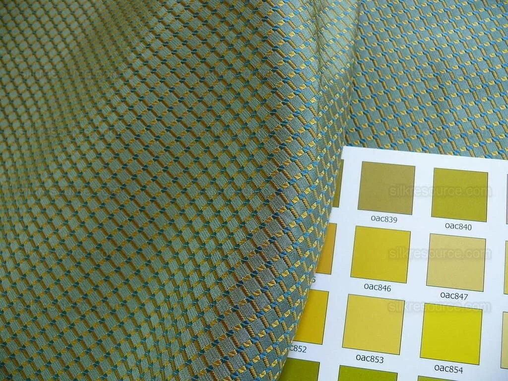 100% Silk Jacquard Dashed Square Texture "empire"aqua Blue Green Gold Mini Plaid