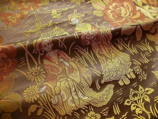 by yard 100%silk Lampas Madame Butterfly "sunflower" Brown