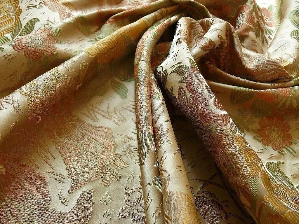 by yard 100%silk Lampas Madame Butterfly "burnt Amber" Gold