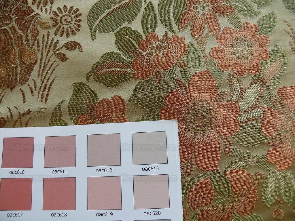 by yard 100%silk Lampas Madame Butterfly "burnt Amber" Gold