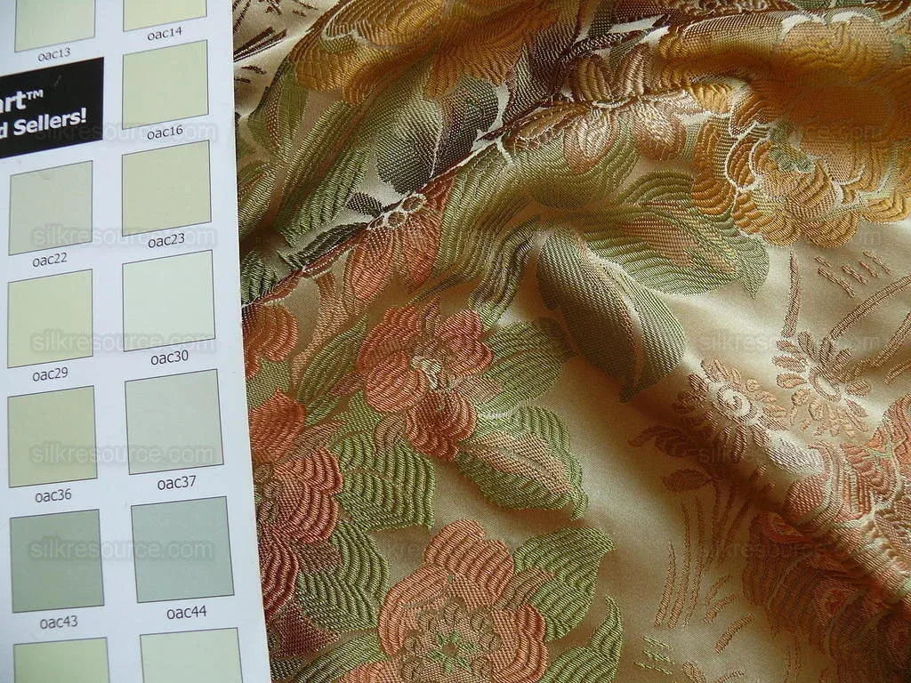 by yard 100%silk Lampas Madame Butterfly "burnt Amber" Gold