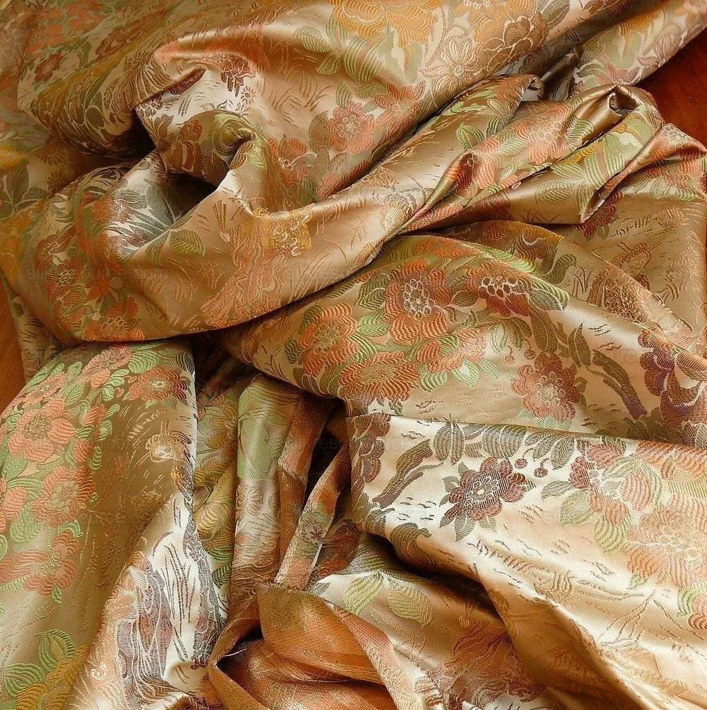 by yard 100%silk Lampas Madame Butterfly "burnt Amber" Gold