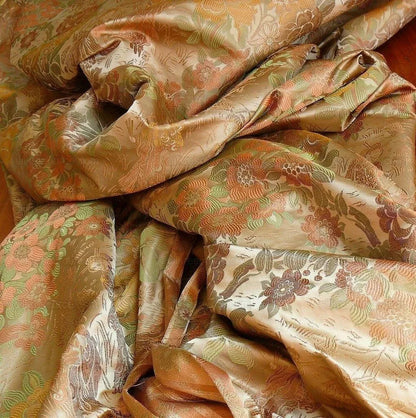 by yard 100%silk Lampas Madame Butterfly "burnt Amber" Gold