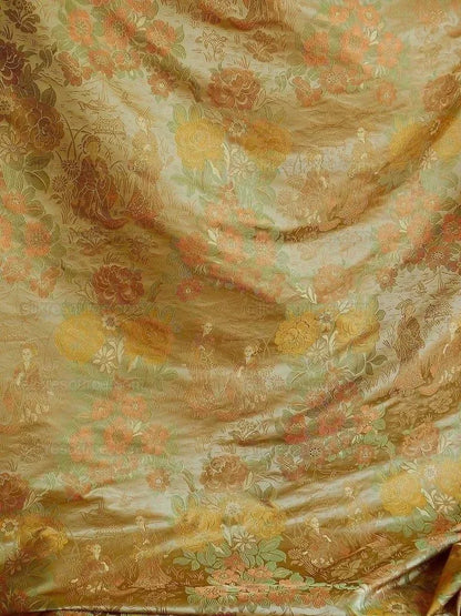 by yard 100%silk Lampas Madame Butterfly "burnt Amber" Gold
