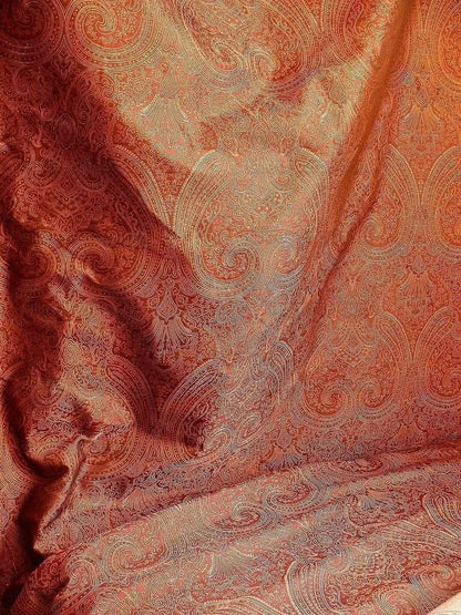 Levant 100% Silk Fine Line Damask Lampas Paisley "red Pepper" Red Pink Gold Large Medallion Red Gold Reversible