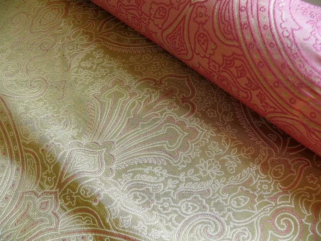 by yard Levant 100% Silk Fine Line Damask Lampas Paisley "sprig" Pink Large Medallion Reversible